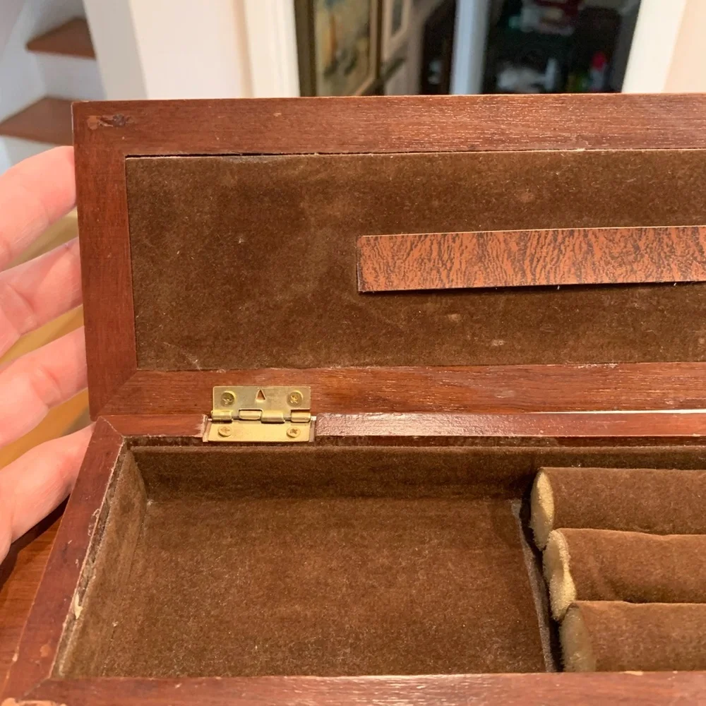 Vintage Solid Wood Leather Felt London 2-tiered Dresser Top Jewelry Box